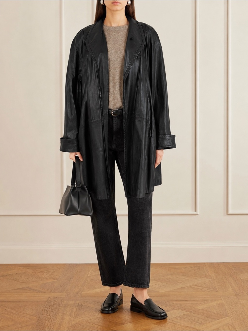 York Furrier Butter Soft Lambskin Leather Coat Black Oversized Y2K A Line Sz S - Picture 1 of 15